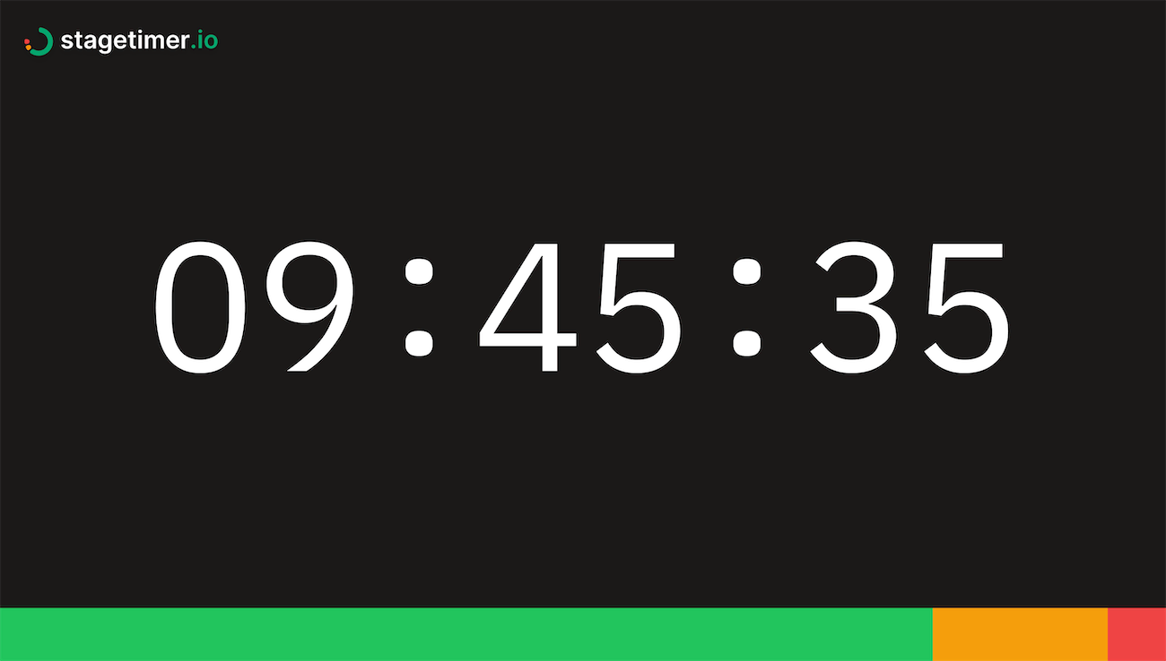 Fullscreen clock on Stagetimer displaying hour, minutes and seconds