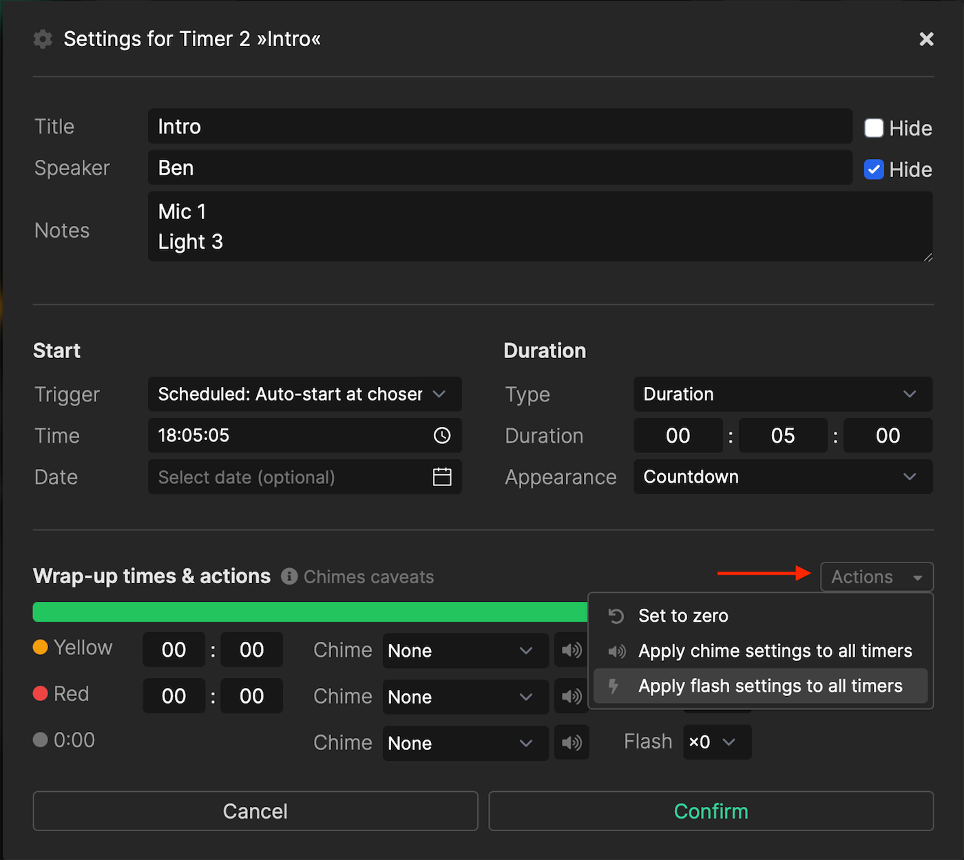Use bulk actions to apply flash settings to all timers
